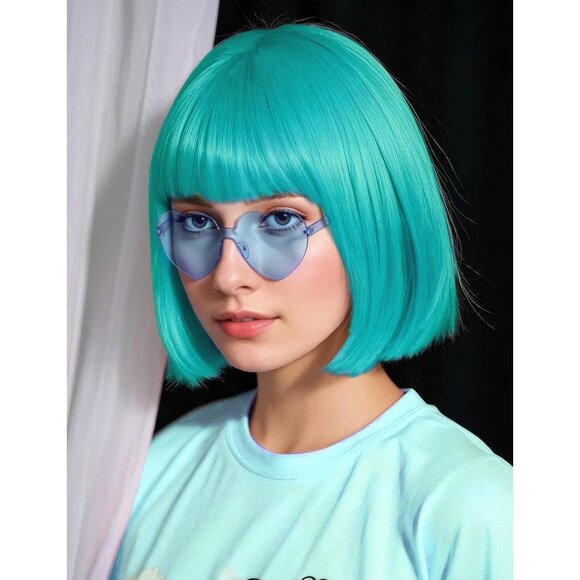 Women's Turquoise 12 Inch Costume Cosplay Party Short Bob Wigs And Sunglass - Picture 7 of 7